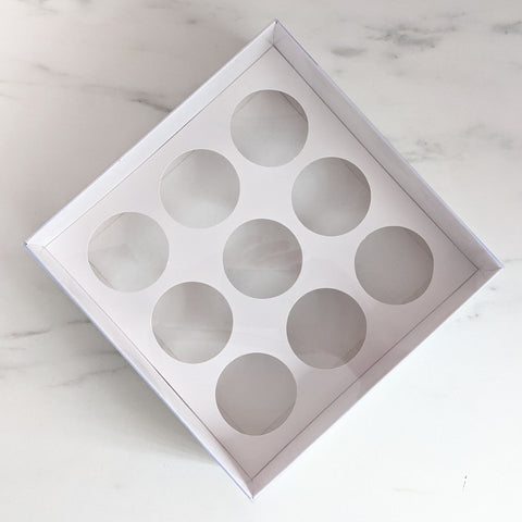 Gloss White Luxury Clear Lid Box (24cm x 24cm x 7cm) with 9 Cavity Cupcake Inserts