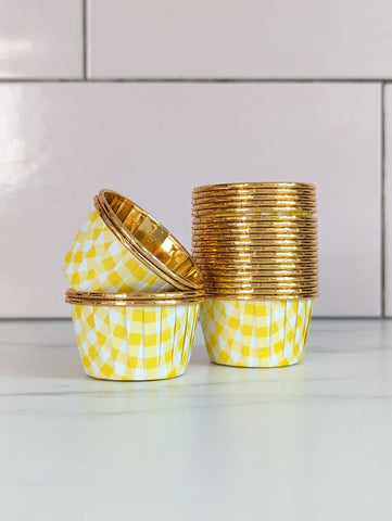 Yellow Gingham and Gold Metallic Baking Cups