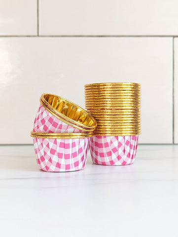 Pink Gingham and Gold Metallic Baking Cups