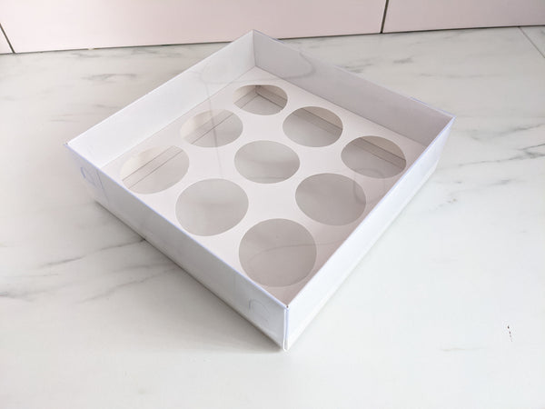 Gloss White Luxury Clear Lid Box (24cm x 24cm x 7cm) with 9 Cavity Cupcake Inserts