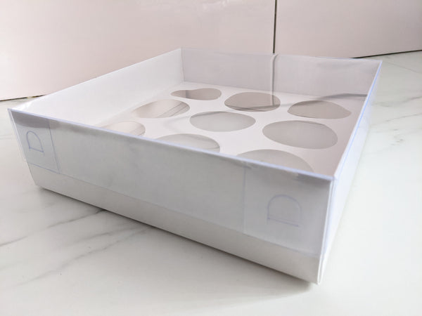 Gloss White Luxury Clear Lid Box (24cm x 24cm x 7cm) with 9 Cavity Cupcake Inserts