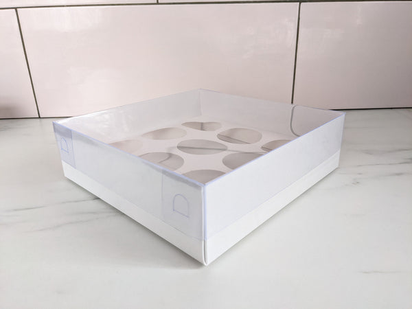 Gloss White Luxury Clear Lid Box (24cm x 24cm x 7cm) with 9 Cavity Cupcake Inserts