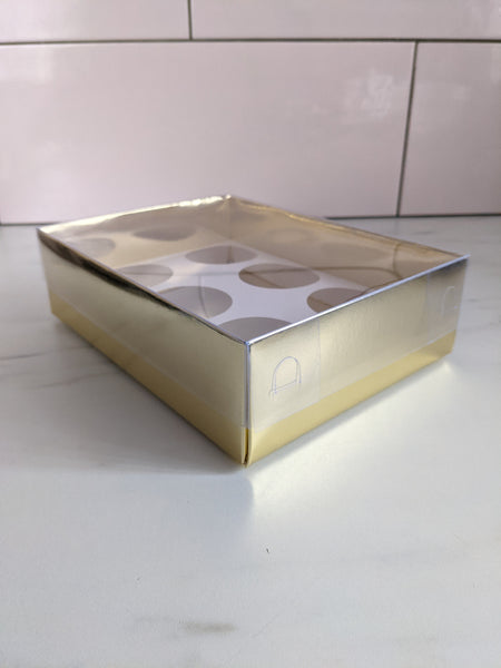 Gold Luxury Clear Lid Box (24cm x 18cm x 7cm) with 6 Cavity Cupcake Inserts